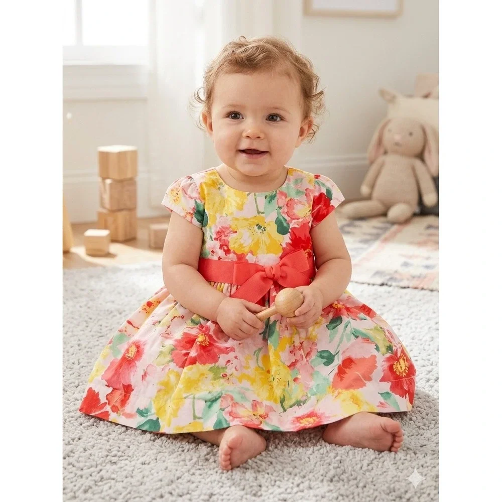 Ralph Lauren Baby Girls Floral Cotton Dress‎ Pink Yellow 9 Months Ribbon Sash